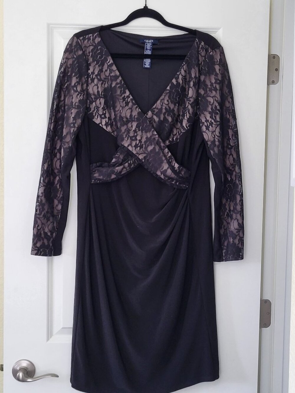 Chaps Dress Womens XL Black Floral Lace Long Sleeve V-Neck Sheath Cocktail